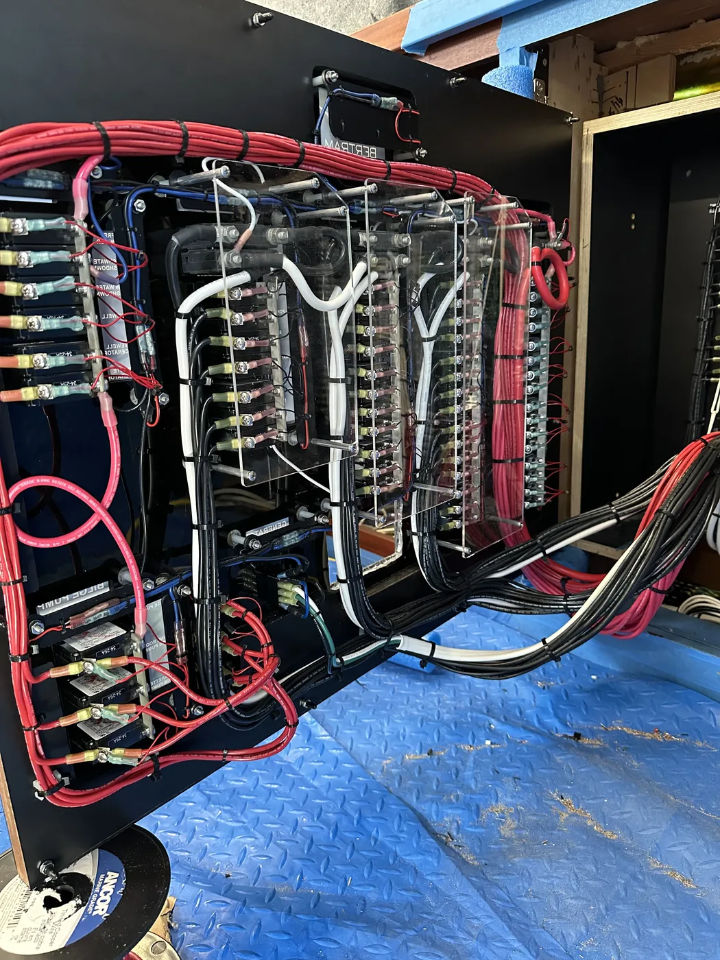 A distribution box interior with contactors and bus bars organized behind clear terminal covers