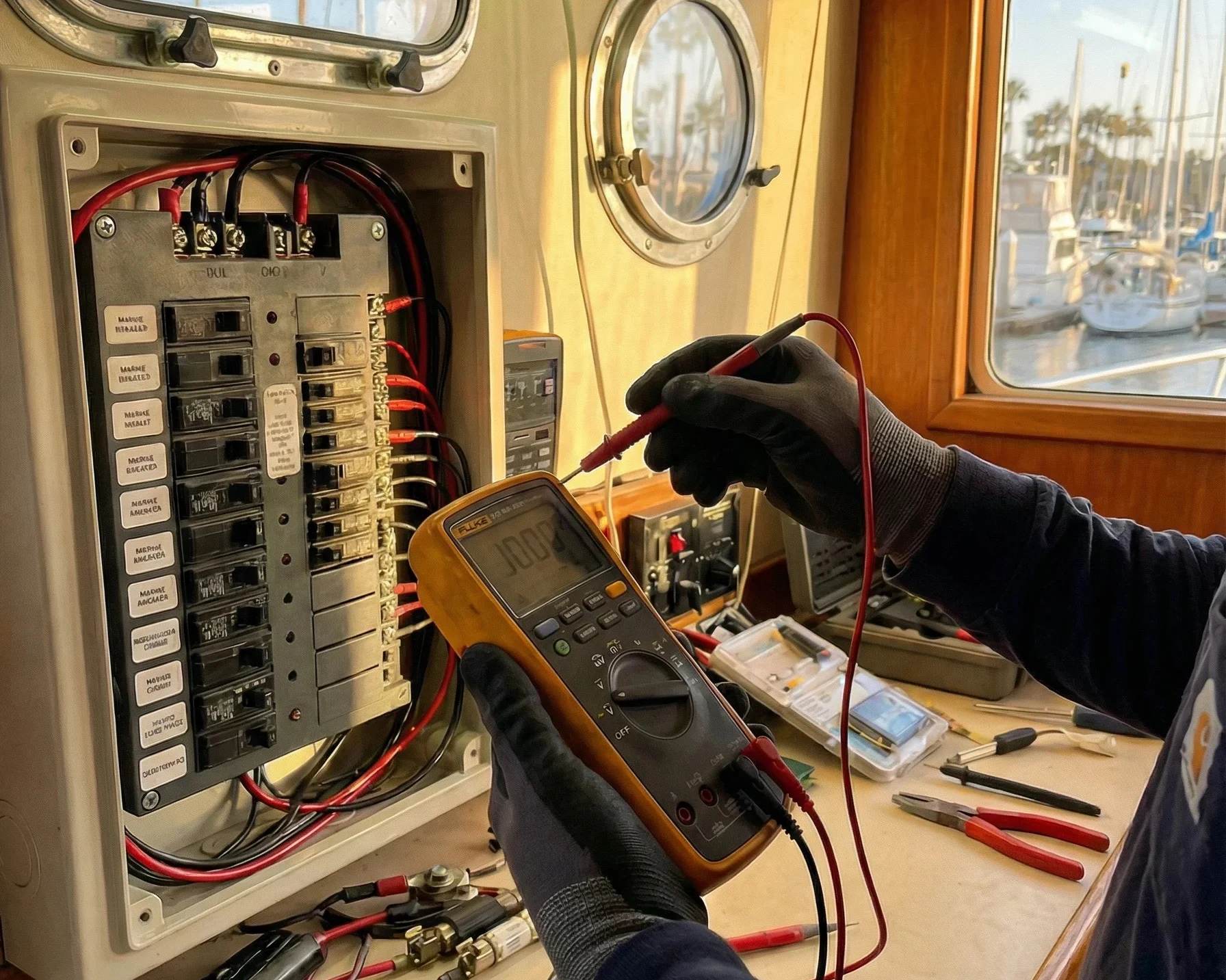 A technician using a multimeter to test a labeled DC breaker panel aboard a boat