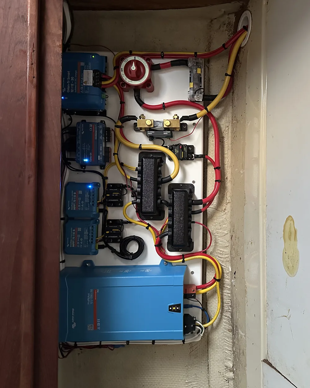 A wired power system panel with an Orion-Tr Smart charger, Cerbo GX monitor, dual MPPT solar controllers, and a MultiPlus-II inverter/charger