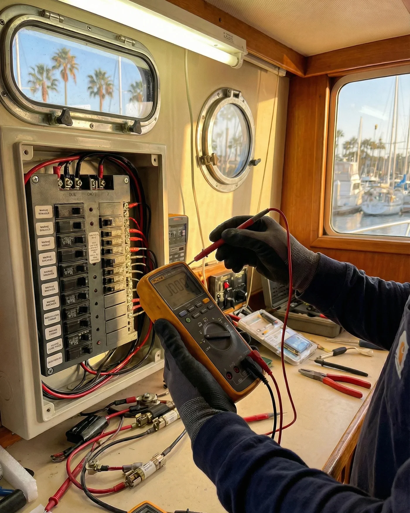 A technician using a multimeter to test a labeled DC breaker panel aboard a boat