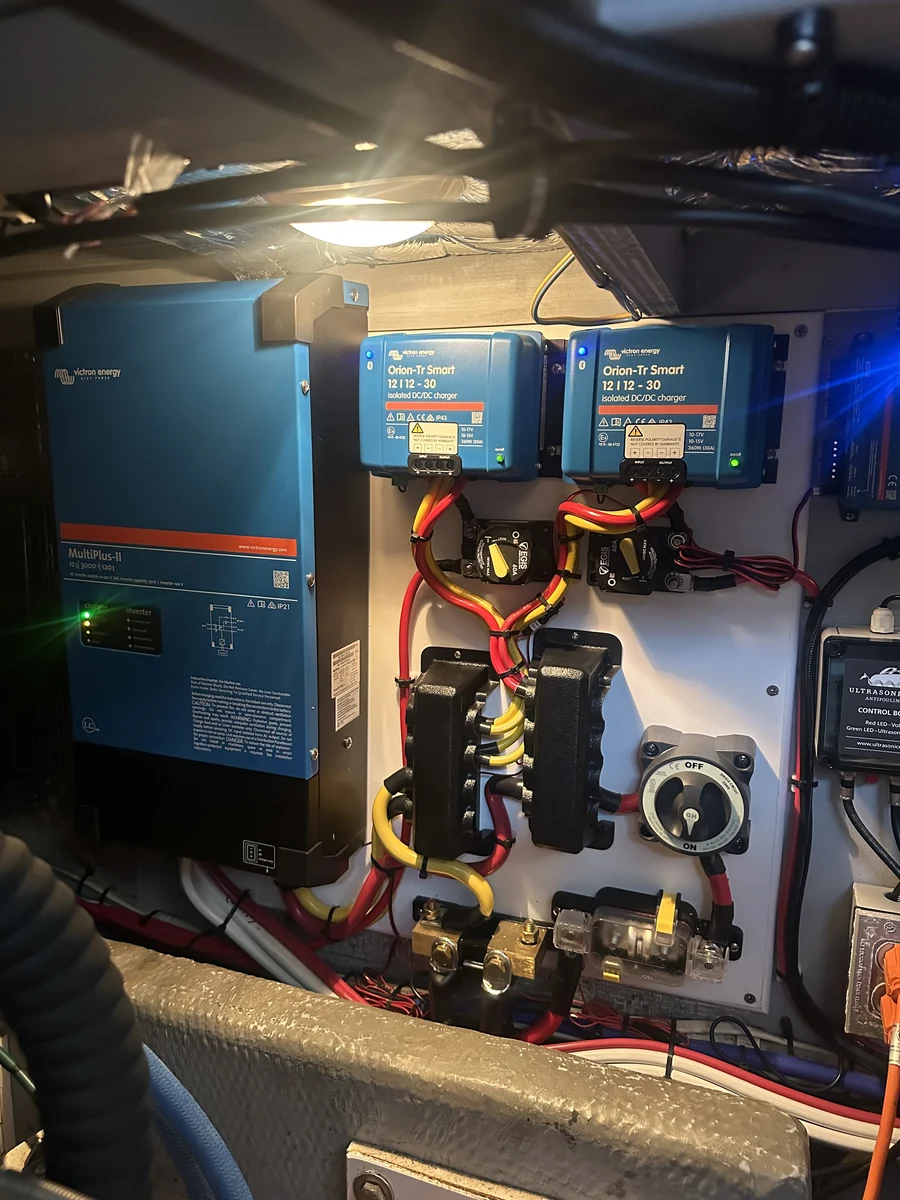 A Victron MultiPlus-II inverter with dual Orion-Tr Smart DC-DC chargers and EGIS breakers, wired together